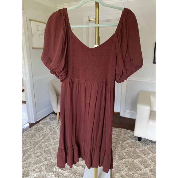 Maurice Brown Smocked Mini Dress Cottagecore Puff Sleeve Square Neck Romantic L - Picture 3 of 6